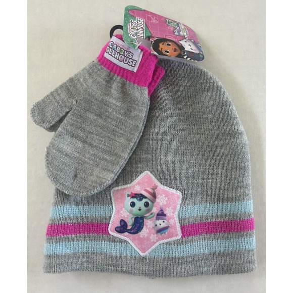 Dreamworks Other - Gabbys Dollhouse Knit Hat Beanie‎ & Mitten Set Kids DreamWorks Sparkly Pink BxX